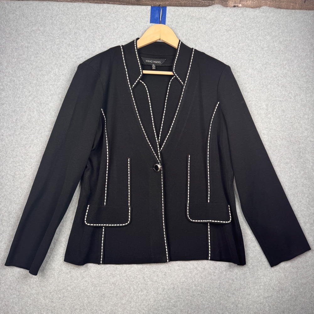 Ming Wang Blazer Womens Large Petite Black Contrast Stitch Knit Button Jacket